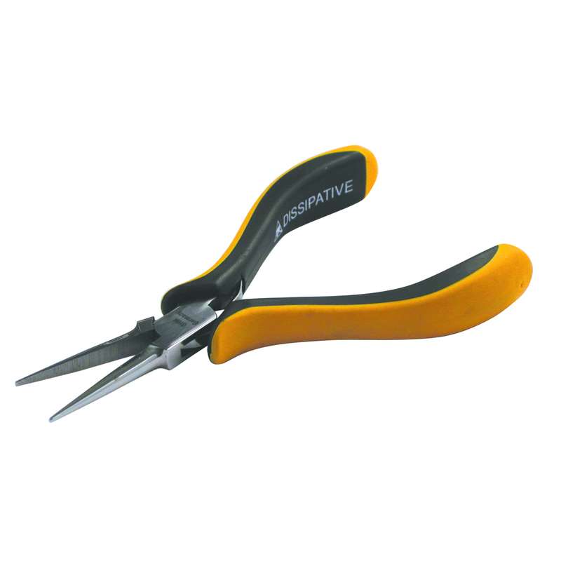 ESD-Safe Pliers, Straight Long Needle Nose, Serrated Jaws with Ergo Grip Handles, 5-45/64"